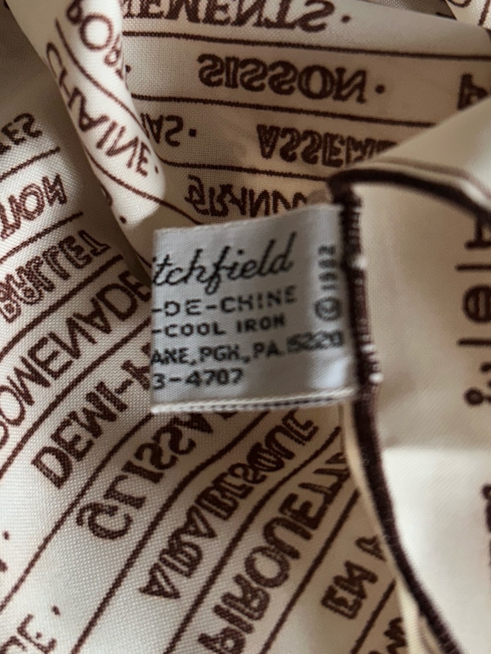 Cream & Brown Printed Silk Scarf by June Critchfield, 9“ x 38“